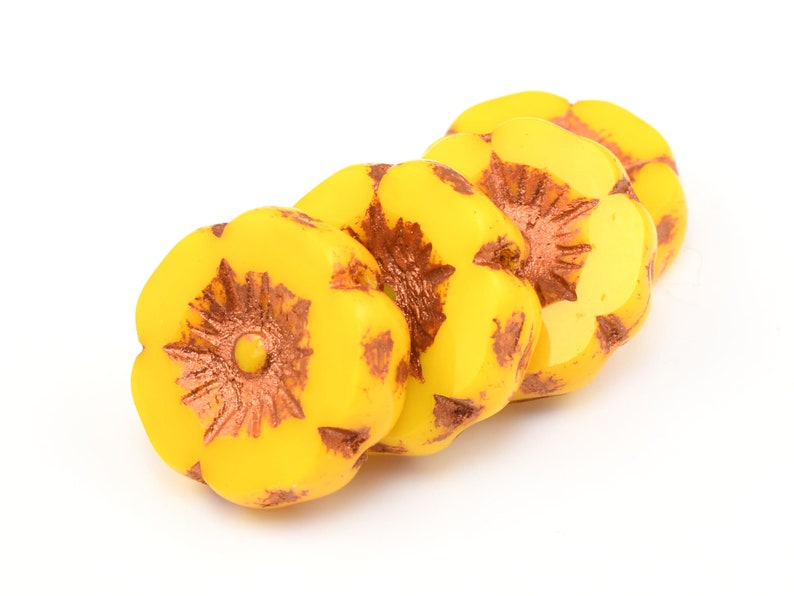 12mm Hibiscus Flower Beads Yellow Flower Beads Marigold Yellow Opaque with Copper Wash Czech Glass Flower Beads for Spring Jewelry 170 image 6