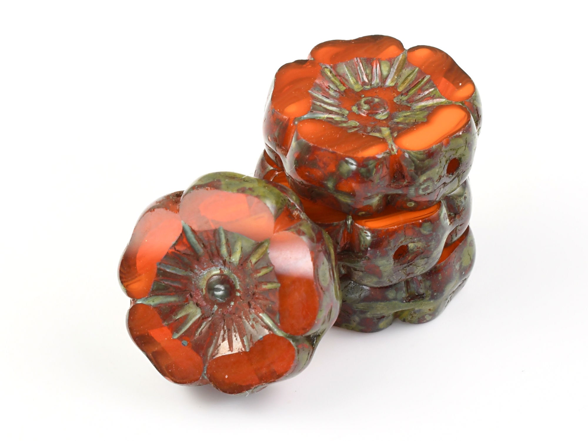 12mm Hibiscus Flower Beads - Bright Warm Orange Opaline Mix with Picasso Finish - Czech Glass Flower Beads for Spring Jewelry #186