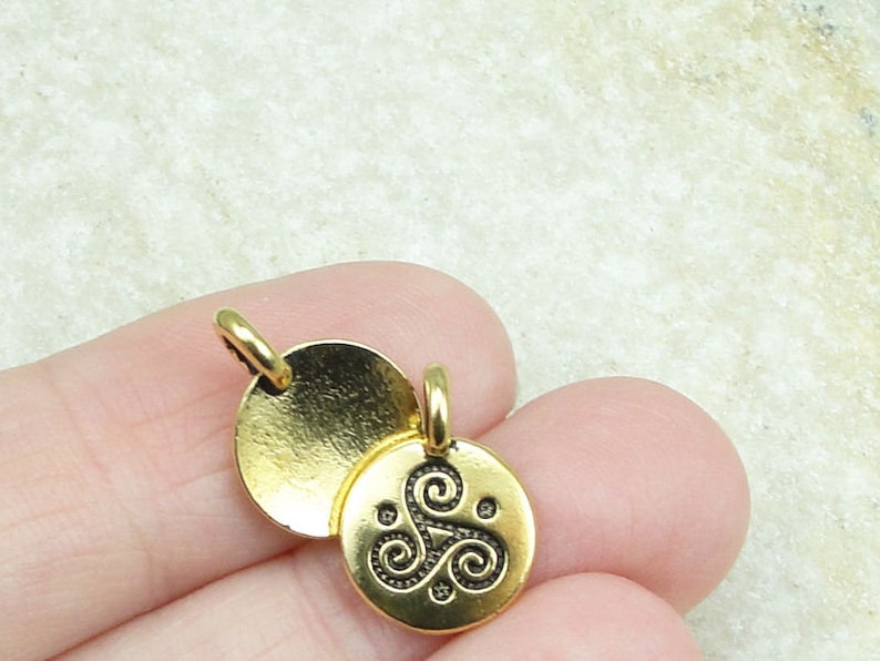 Tiny Celtic Spiral Triskel Antique Gold Pendant TierraCast You Collection Mini Pendant Gold Charm for Yoga Jewelry P1470 image 2