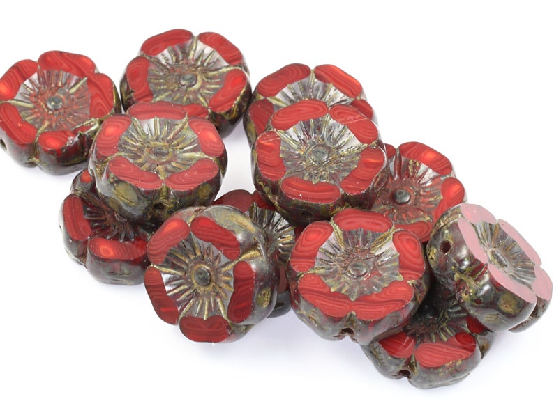 12mm Hibiscus Flower Beads Dark Red Opaline Mix with Picasso Finish Czech Glass Flower Beads for Spring Jewelry 183 image 5