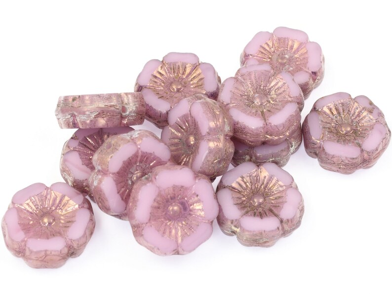 Perles de fleurs dhibiscus de 12mm Opaline rose avec bronze violet Perles de printemps pour bijoux dété Perles rose clair pour bijoux en fleurs 100 image 3