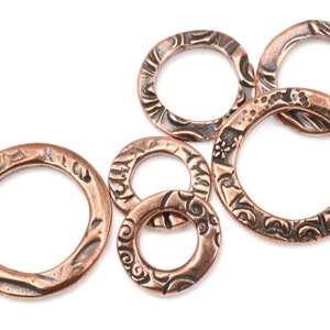 6 Piece Assortment Mix of Antique Copper Circle Charms Metal Rings TierraCast FLORA RING Links for Bohemian Jewelry image 2