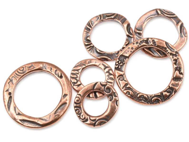 6 Piece Assortment Mix of Antique Copper Circle Charms Metal Rings TierraCast FLORA RING Links for Bohemian Jewelry image 2