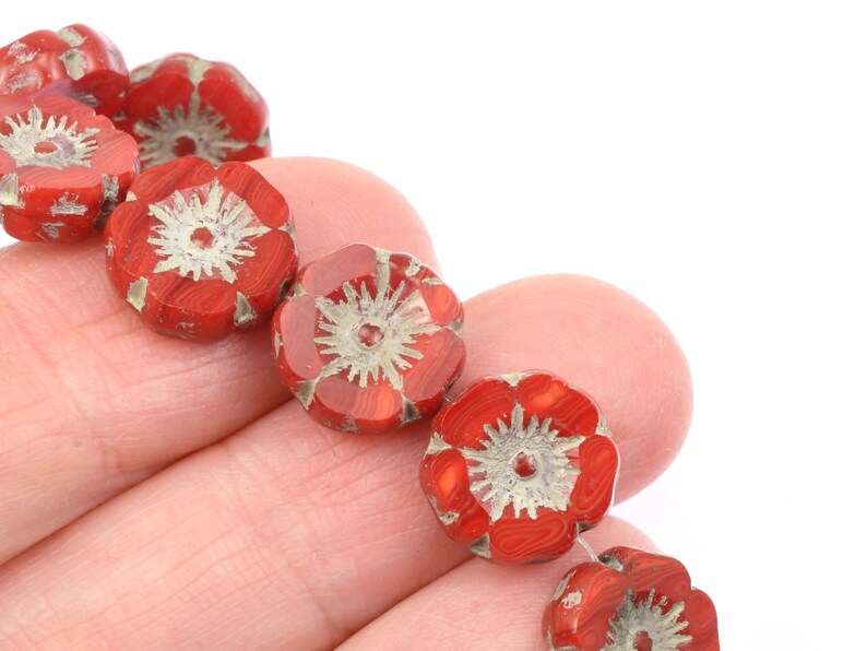 12mm Hibiscus Flower Beads Bright Red Opaline Mix with Light Grey Wash Czech Glass Flower Beads for Spring Jewelry 177 image 6