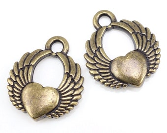 Antique Brass Charms Brass Heart Charms TierraCast WINGED HEART Jewelry Charms for Jewelry Making Tattoo Bronze Charms Pendants  (PA34)