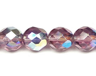 25 Purple 8mm Beads - Medium Amethyst AB Aurora Borealis Faceted Round Beads - Firepolish Lavender Plum Beads