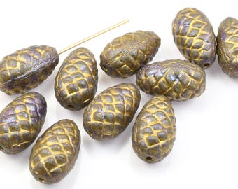 10 Pieces Glass Pinecone Beads - 13mm x 8mm  Brownish Teal Opaque Metallic Finish with Gold Wash - Pressed Czech Glass #263