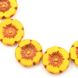 12mm Hibiscus Flower Beads Yellow Flower Beads Marigold Yellow Opaque with Copper Wash Czech Glass Flower Beads for Spring Jewelry 170 image 4