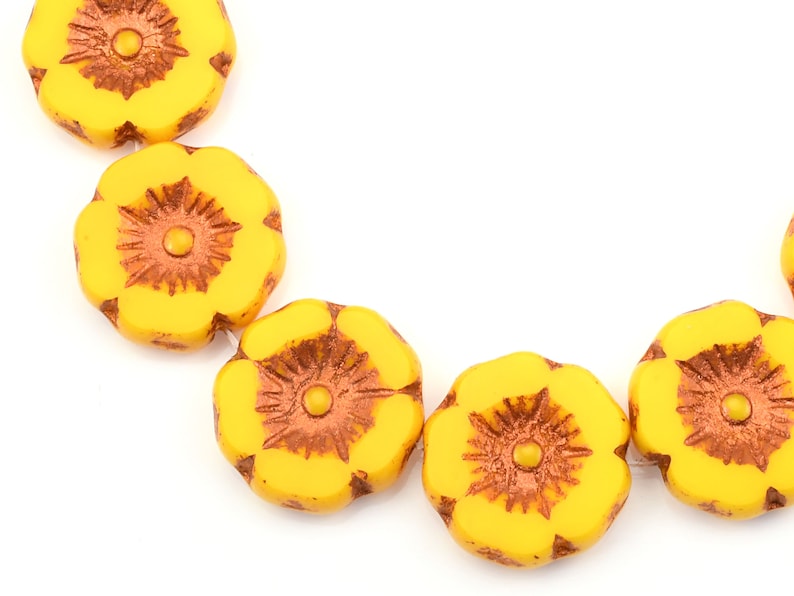 12mm Hibiscus Flower Beads Yellow Flower Beads Marigold Yellow Opaque with Copper Wash Czech Glass Flower Beads for Spring Jewelry 170 image 4