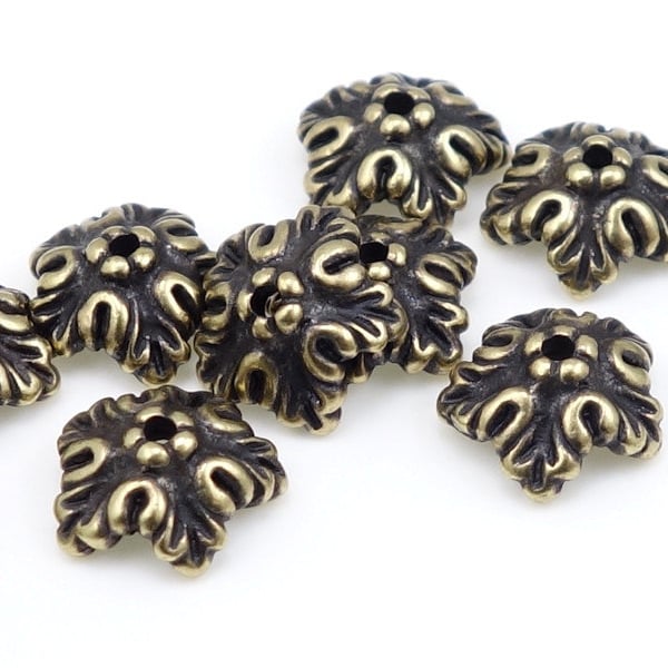 Antique Brass Bead Caps - 9mm Oak Leaf Dark Brass Beadcaps - TierraCast Pewter Metal Beads for Autumn Fall Jewelry - Bronze (PAC8)
