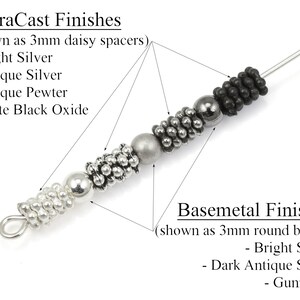 May include: A close-up of a jewelry making component with various metal finishes. The image shows TierraCast finishes, including Bright Silver, Antique Silver, Antique Pewter, and Matte Black Oxide. Basemetal finishes include Bright Silver, Dark Antique Silver, and Gunmetal.