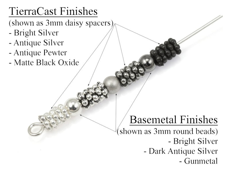 May include: A close-up of a jewelry making component with various metal finishes. The image shows TierraCast finishes, including Bright Silver, Antique Silver, Antique Pewter, and Matte Black Oxide. Basemetal finishes include Bright Silver, Dark Antique Silver, and Gunmetal.