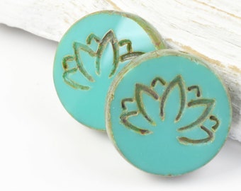 18mm Lotus Bead - Czech Glass Coin Shaped Bead - Opaque Turquoise Blue with Picasso Finish - Meditation Beads for Yoga Jewelry Making #904