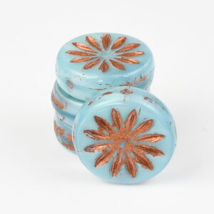 12mm Aster Flower Coin Beads Sky Blue Silk with Copper Wash Czech Glass Beads by Ravens Journey Pastel Light Blue Flower Beads 960 image 4