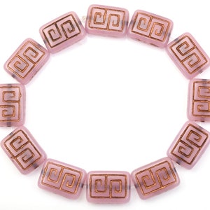 12 Pieces 13mm x 9mm Greek Key Rectangle Czech Glass Beads Pink Opaline with Dark Bronze Wash Light Pink Beads for Jewelry Making 186 image 2