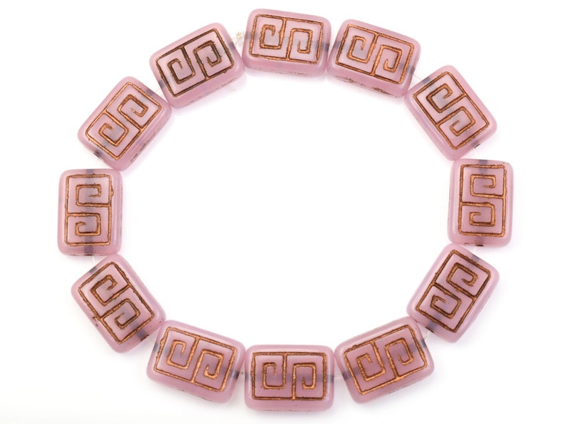 12 Pieces 13mm x 9mm Greek Key Rectangle Czech Glass Beads Pink Opaline with Dark Bronze Wash Light Pink Beads for Jewelry Making 186 image 2