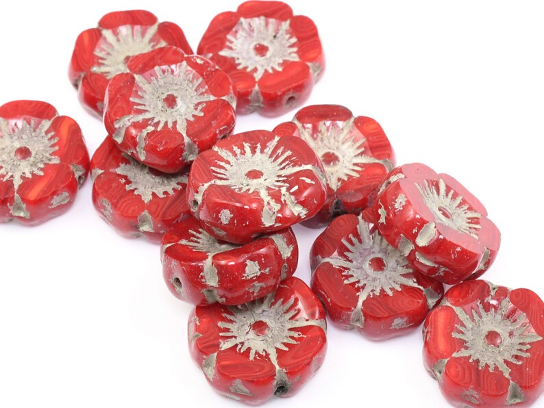 12mm Hibiscus Flower Beads Bright Red Opaline Mix with Light Grey Wash Czech Glass Flower Beads for Spring Jewelry 177 Bild 5