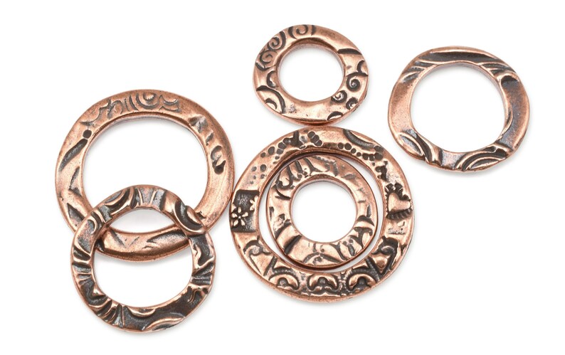 6 Piece Assortment Mix of Antique Copper Circle Charms Metal Rings TierraCast FLORA RING Links for Bohemian Jewelry image 1