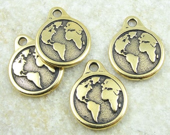 TierraCast EARTH Charm - Antique Gold Charm - World Charm Planet Earth with Continents for Earth Day (P1251)