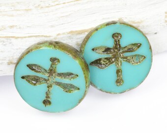 18mm Dragonfly Beads - Opaque Turquoise with Picasso Finish - Light Blue Beads for Jewelry Making - Nature Insect Beads