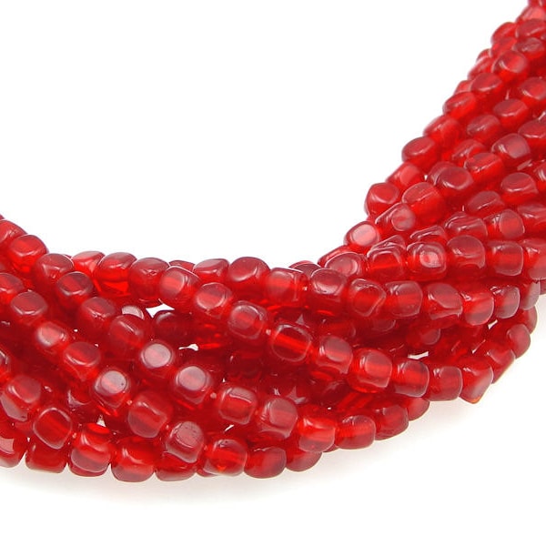 100 4mm Cube Beads SIAM RUBY Bright Candy Apple Red Christmas Red - Czech Glass Beads - Czech Beads - String of 100 4mm Beads