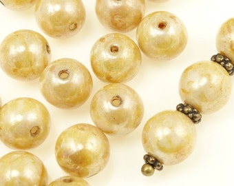 25 CREAM PICASSO 8mm Round Beads - Opaque Luster Picasso Creamy Ivory Autumn Fall Beads  - Czech Druks