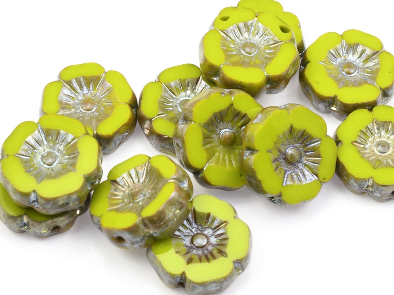 12mm Hibiscus Flower Beads Gaspeite Green Opaque Aurora Borealis and Picasso Finishes Czech Glass Flower Beads for Spring Jewelry 192 image 6