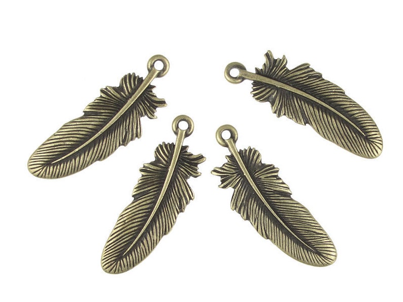 Brass Feather Pendants 29mm Antique Brass Large Feather Charms Brass Oxide TierraCast Pewter Bronze Metal Beads Native American P1075 image 1