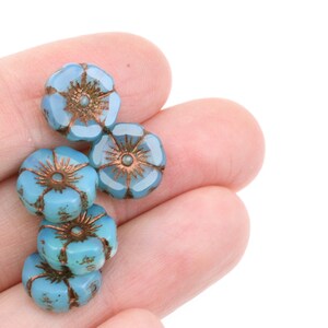 12mm Hibiscus Flower Beads Aqua Silk with Dark Bronze Wash Blue Flower Beads Flat Czech Glass Flower Beads for Spring Jewelry 957 image 3