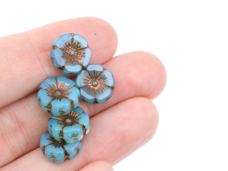 12mm Hibiscus Flower Beads Aqua Silk with Dark Bronze Wash Blue Flower Beads Flat Czech Glass Flower Beads for Spring Jewelry 957 image 3
