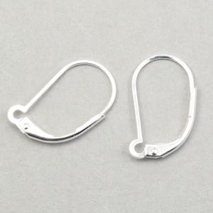 May include: Two silver-colored leverback earring findings. Each finding has a curved, elongated loop and a hinged lever closure. The findings are designed for jewelry making and earring components.