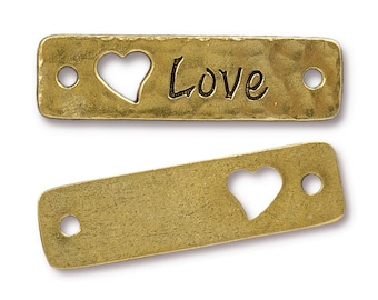 TierraCast LOVE Link - Antique Gold Rivetable Heart Focal Bar for Leather Jewelry - Leather Bracelet Supplies Jewelry Making (PF742)