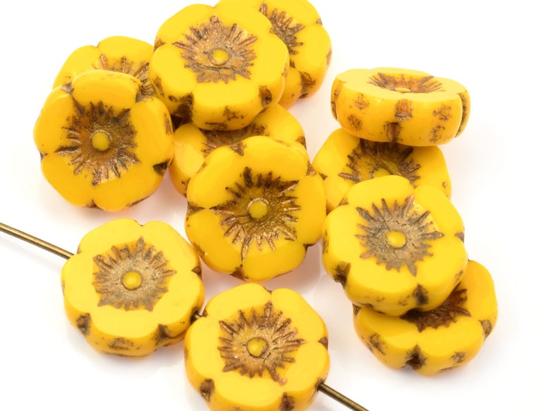 12mm Hibiscus Flower Beads Yellow Flower Beads Yellow Opaque with Dark Bronze Wash Czech Glass Flower Beads for Spring Jewelry 178 image 1