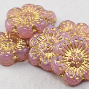 12 Rustic Pink and Gold Flower Beads - 14mm Wild Rose Czech Glass Flower Beads - Light Pink Opaline with Gold Wash  #435