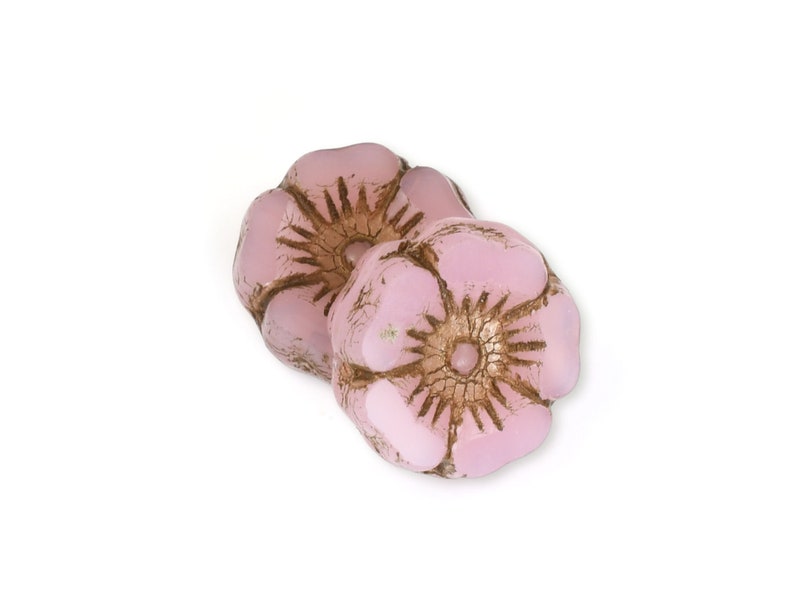 12mm Hibiscus Flower Beads Pink Opaline with Antique Finish Czech Glass Translucent Pastel Light Pink Beads for Flower Jewelry 092 image 3