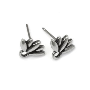 Antique Pewter Lotus Flower Earring Post TierraCast Stud Ear Post with Loop Dark Antique Silver Ear Findings P2636 image 2