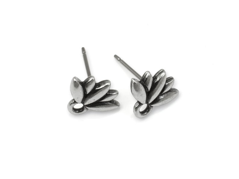 Antique Pewter Lotus Flower Earring Post TierraCast Stud Ear Post with Loop Dark Antique Silver Ear Findings P2636 image 2