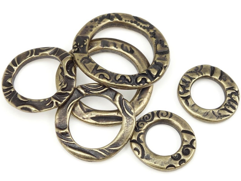 6 Piece Assortment Mix of Antique Brass Circle Charms Brass Metal Rings TierraCast FLORA RING Charms Bronze Charms for Bohemian Jewelry image 3