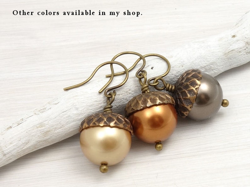 DIY KIT Acorn Kit Earrings with Vintaj Natural Brass and Swarovski Crystal Pearls Autumn Jewelry Kit Fall Beaded Earrings Kit image 4