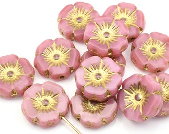 Abalorios de flores de hibisco de 12 mm - Abalorios de flores de color rosa claro - Seda rosa con lavado de oro - Abalorios de flores de vidrio checo para joyería de primavera #165