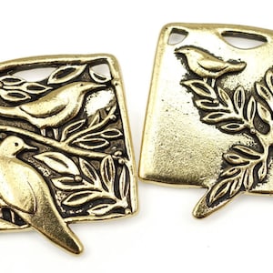 Antique Gold Pendant TierraCast Botanical Birds Pendant - Double Sided Design with leaves, branches, and birds - Forest Nature (P1602)