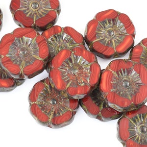 12mm Hibiscus Flower Beads Dark Red Opaline Mix with Picasso Finish Czech Glass Flower Beads for Spring Jewelry 183 image 3