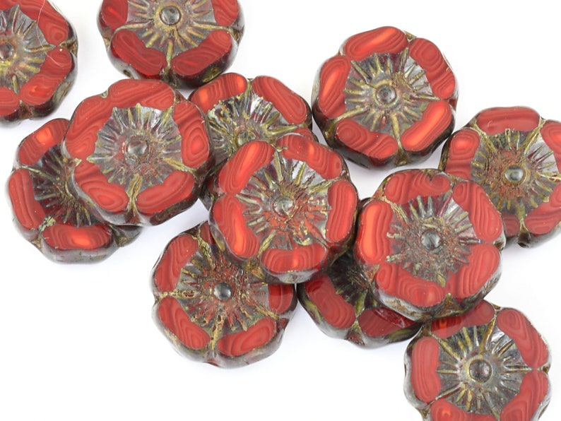 12mm Hibiscus Flower Beads Dark Red Opaline Mix with Picasso Finish Czech Glass Flower Beads for Spring Jewelry 183 image 3