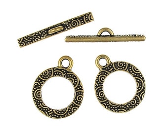 Antique Gold Toggle Clasp Findings - TierraCast 5/8" Spiral Bar and Ring Clasp Set (PF392)