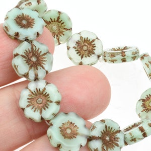 12mm Hibiscus Flower Beads Sea Green Silk with Dark Bronze Wash Mint Green Flower Beads Flat Czech Glass Flower Beads 951 image 7