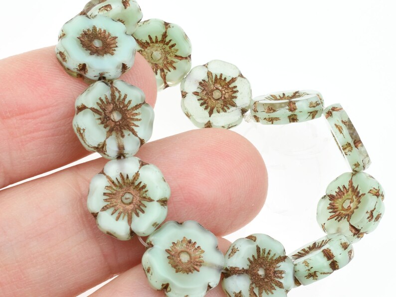 12mm Hibiscus Flower Beads Sea Green Silk with Dark Bronze Wash Mint Green Flower Beads Flat Czech Glass Flower Beads 951 image 7