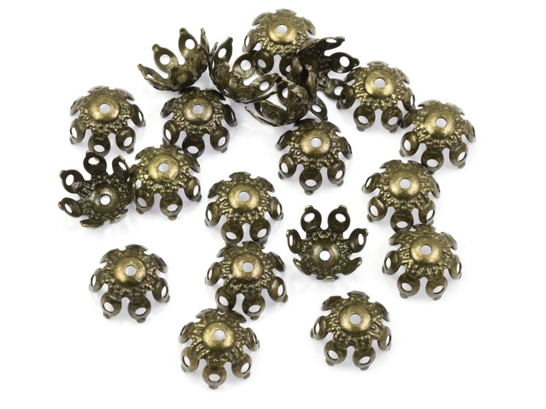 36 Antique Brass Beadcaps 9mm Aged Solid Brass Bead Caps Open Filigree Petal Bumpy Caps Bronze FSAB103 image 2