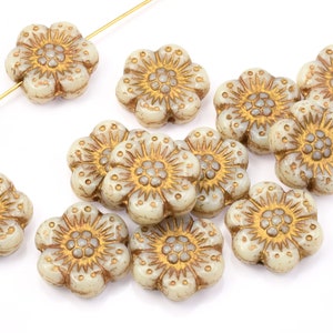 12 Flower Beads 14mm Wild Rose Czech Glass Flower Beads Bone & Gold Beads Ivory Opaque with Light Bronze Wash 095 画像 2