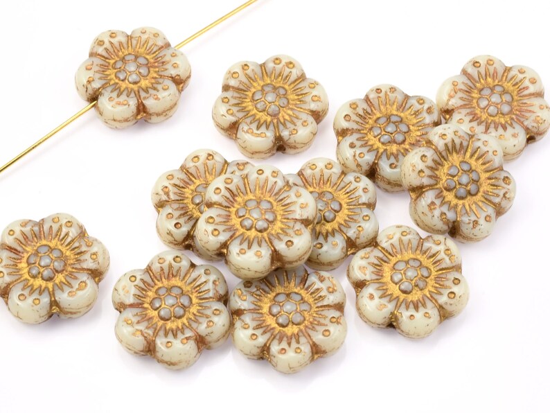 12 Flower Beads 14mm Wild Rose Czech Glass Flower Beads Bone & Gold Beads Ivory Opaque with Light Bronze Wash 095 image 2