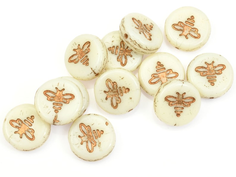12mm Pressed Glass Honey Bee Beads Coin Shaped Ivory Opaque with Dark Bronze Wash Czech Glass Beads by Ravens Journey 954 image 3